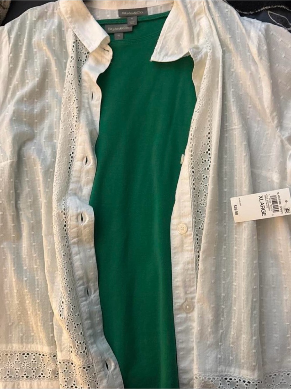 Style & Co. Green tank top with White Eyelet Button-Up Cover-Up